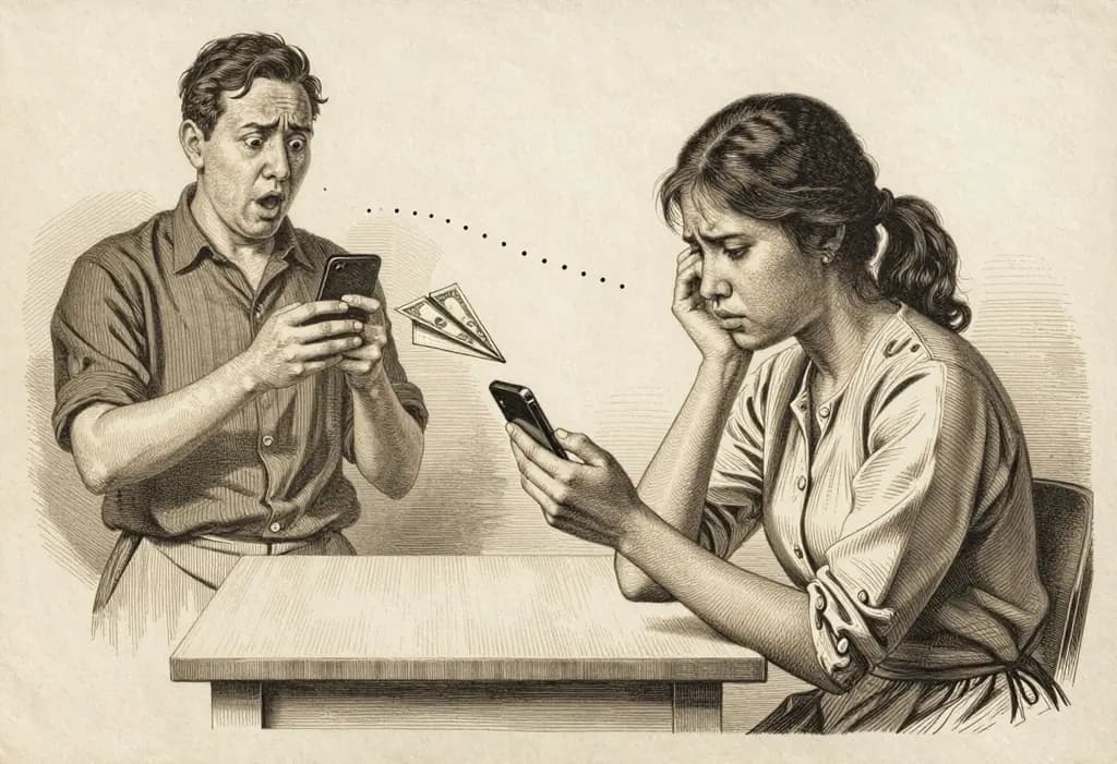 Line-art illustration: A worried young Filipino woman sitting at a small table staring at her smartphone in one hand, a tiny paper plane made of peso bills flying away from the phone toward a second phone held by a distant man who looks surprised, a dotted flight path between the two phones.