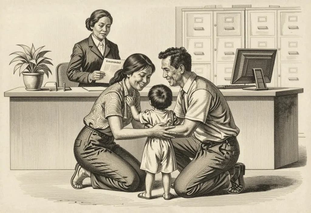Line-art illustration: A smiling Filipino couple kneeling to hug a small child in a bright government office, a kind social worker behind a desk holding a stamped folder, no courtroom and no judge anywhere, a potted plant and filing cabinets.