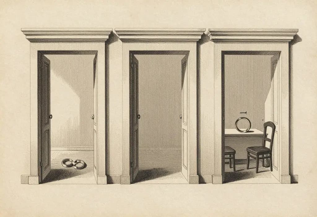 Line-art illustration: Three doorways side by side in a hallway of a courthouse; through the first two doorways a wedding ring lies broken in two halves, through the third doorway two chairs sit far apart in the same room with the ring still whole on a table between them.