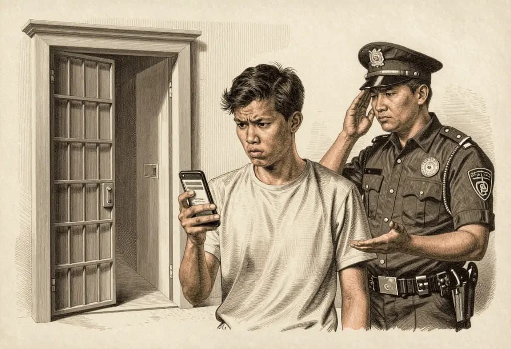 Line-art illustration: A nervous young Filipino man in a t-shirt holding a smartphone showing an angry lending app notification, behind him a calm police officer shaking his head with an open palm, gesturing that he will not arrest him, an old-fashioned debtor's prison door standing open and empty in the background.