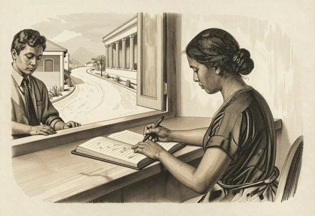 Line-art illustration: A Filipino woman at a wooden barangay hall counter watching a clerk write a short entry in a thick open ledger logbook, behind her through an open window a long road winds away toward a distant building with classical columns, plain walls with no signs.