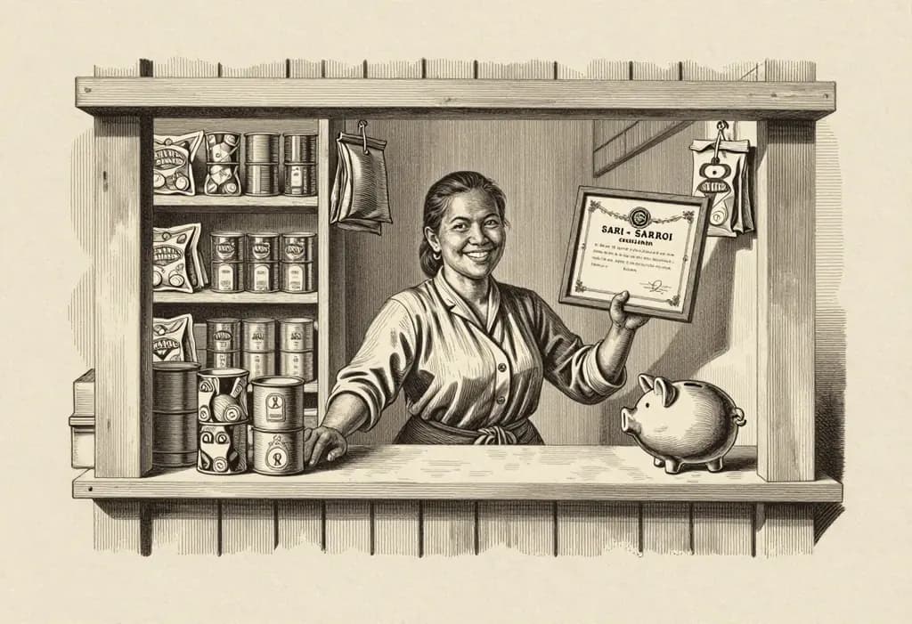 Line-art illustration: A cheerful Filipino woman behind the counter of a small sari-sari store with a wooden window, shelves of snacks, canned goods and hanging sachets, holding up a framed certificate proudly, a piggy bank on the counter.