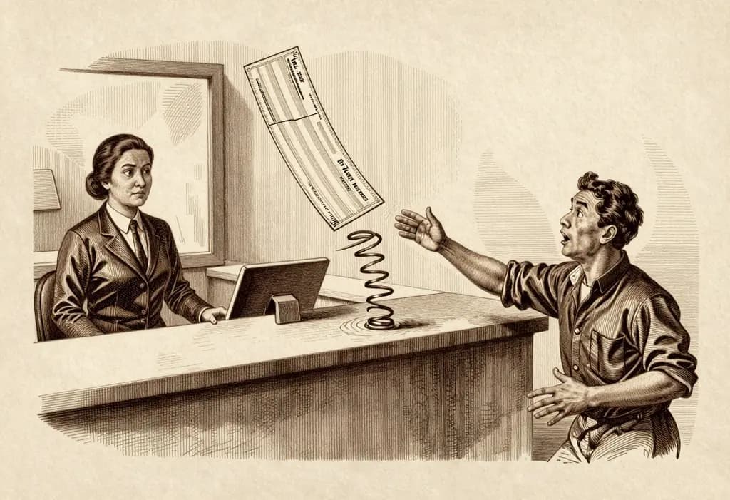 Line-art illustration: A long rectangular paper bank check springing up and bouncing off a bank teller counter in a high arc like a spring, curved motion lines under it, a surprised Filipino man reaching for it and a stern bank teller behind glass.