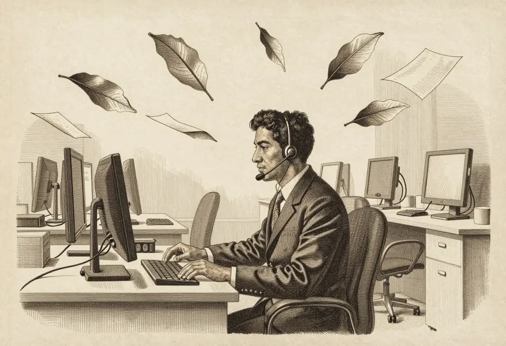 Line-art illustration: A Filipino call center agent with a headset around her neck sitting alone at an empty desk in a dim office, six blank paper leaves blowing away through the air behind her like falling leaves, rows of empty computer workstations.