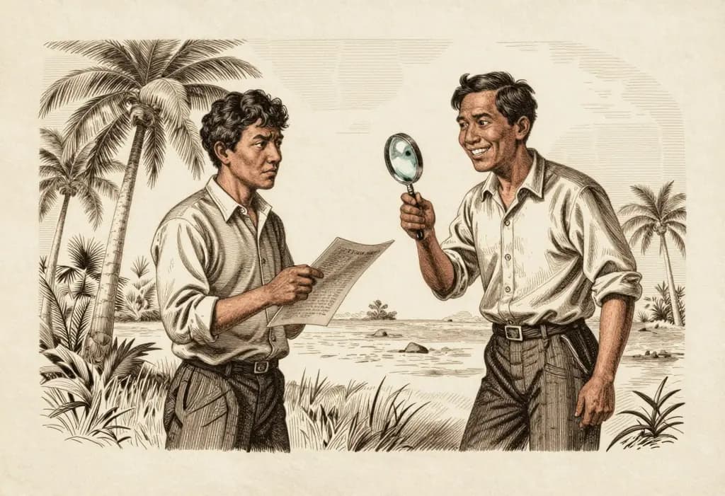 Line-art illustration: A cautious Filipino buyer holding a magnifying glass over a thin single-page paper offered by a seller, standing on an empty grassy lot with a few coconut trees, the buyer looking skeptical and the seller smiling too broadly.