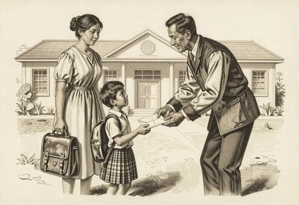 Line-art illustration: A Filipino father handing a sealed envelope to a small child who holds a schoolbag, the mother standing behind the child, a school building in the background.