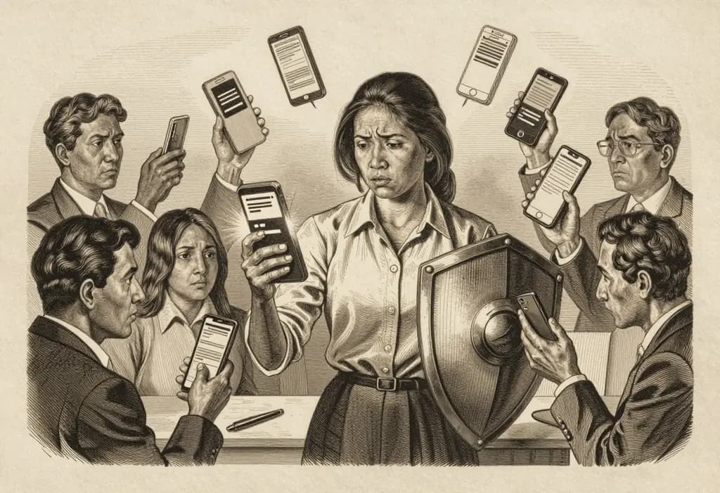 Line-art illustration: A stressed Filipino woman surrounded by many floating smartphones buzzing with threatening messages, her office colleagues peeking over at their own phones, a shield in her hand deflecting the buzzing phones.