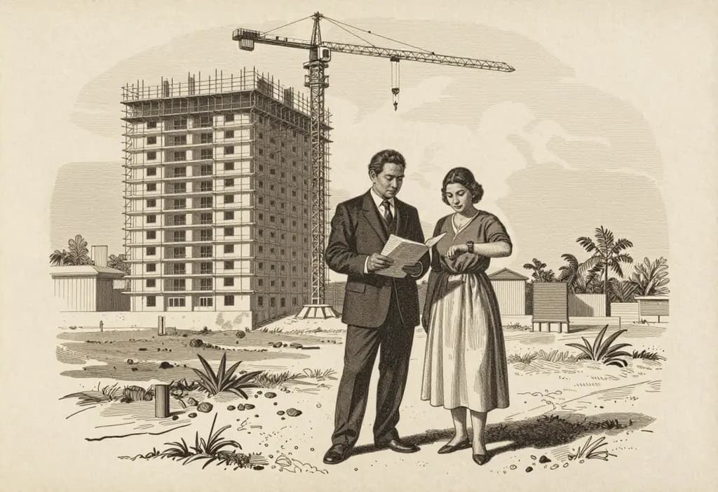 Line-art illustration: A Filipino couple standing in front of an unfinished condominium tower wrapped in scaffolding with a tower crane and no workers, the husband holding a folder of receipts and the wife looking at a wristwatch, empty lot and weeds around the site.