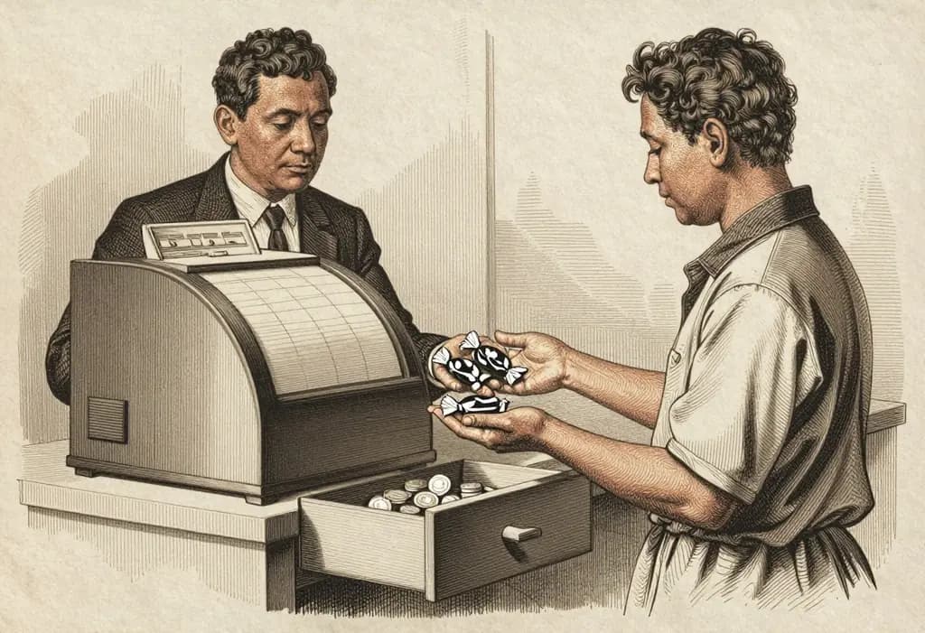 Line-art illustration: A Filipino cashier at a small grocery counter handing a customer a few wrapped candies instead of coins, the customer holding out an open palm expecting coins, a cash register drawer open with coins inside.