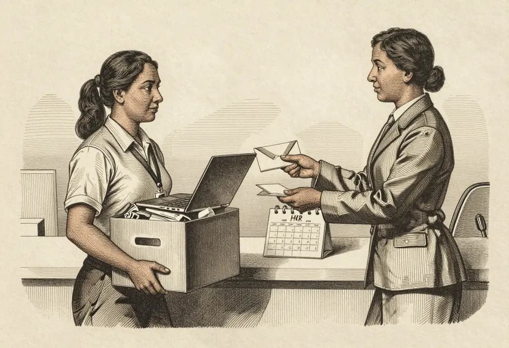 Line-art illustration: A Filipino employee carrying a small box of desk belongings handing a company laptop and ID badge across a human resources counter, the HR officer sliding a sealed pay envelope back toward her, a desk calendar beside them.
