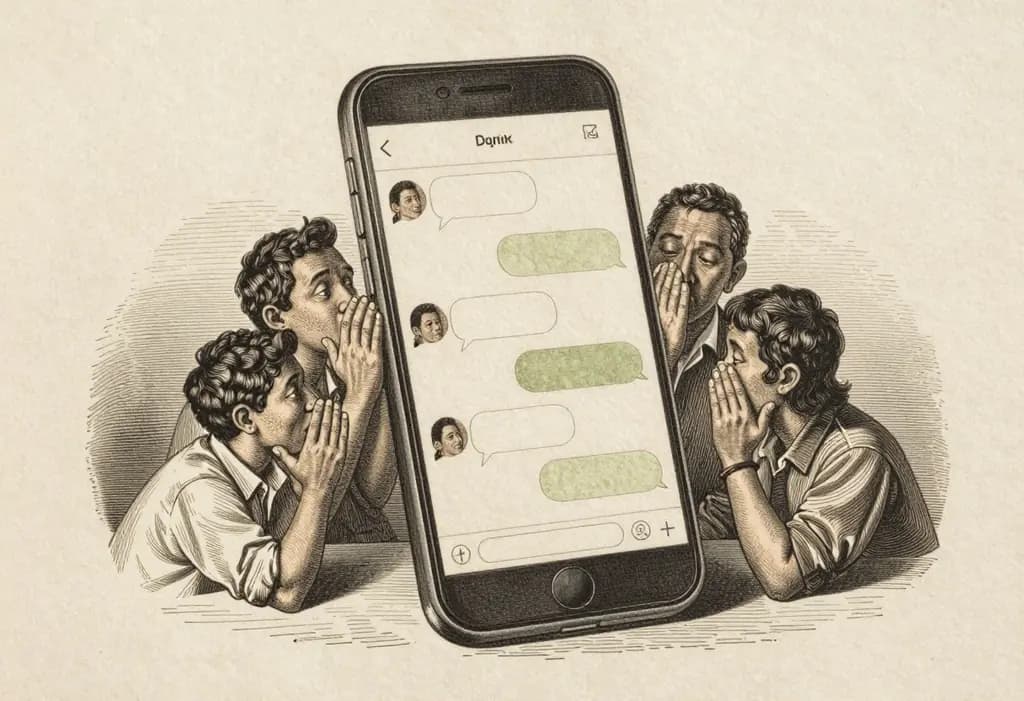 Line-art illustration: A giant smartphone showing a group chat as speech bubbles, several small Filipino people peering into the screen from around its edges, one person whispering behind a hand while others read along.