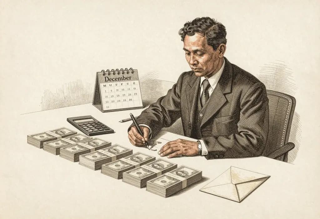 Line-art illustration: A Filipino employee at a desk with twelve small stacks of peso bills lined up for each month of the year and one extra envelope at the end, a calculator and a pencil, a desk calendar showing December.