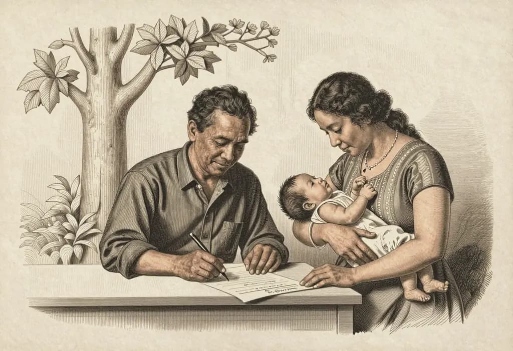 Line-art illustration: A Filipino father signing a birth certificate form at a civil registry counter while a mother holds a newborn baby, a family tree carved on the wall behind them with one new small branch.
