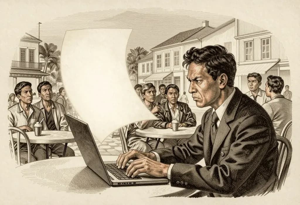 Line-art illustration: A Filipino man typing angrily on a laptop at a cafe table, from the laptop screen a large glowing blank page floats up into the air above a town plaza where a crowd of people look up at it and whisper to one another.