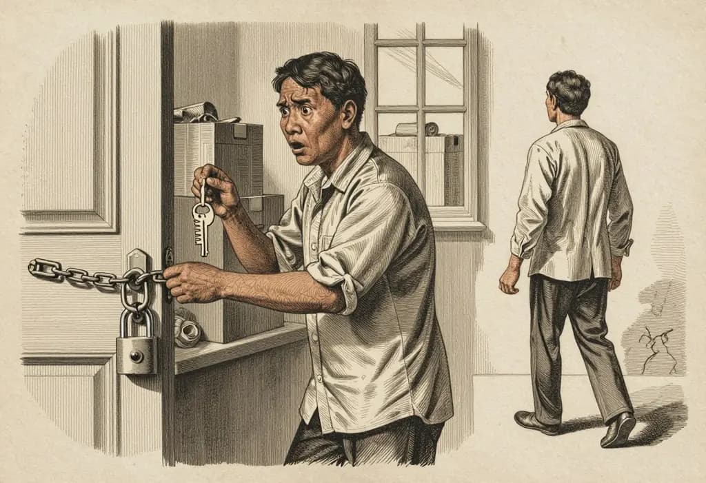Line-art illustration: A shocked Filipino tenant holding a key that no longer fits a door with a brand new padlock and chain, his belongings in boxes visible through the window inside, the landlord walking away.