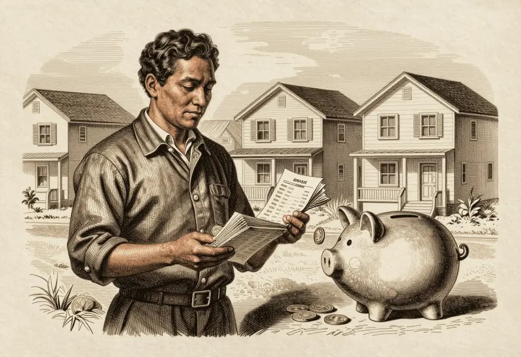 Line-art illustration: A Filipino buyer standing in front of a row of new subdivision houses holding a stack of paid installment receipts, a portion of coins pouring back into his hands from a large piggy bank shaped like a house.
