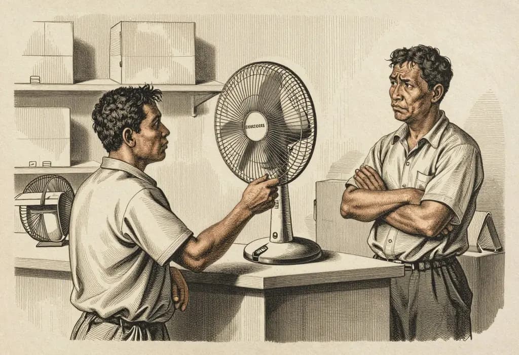 Line-art illustration: A Filipino customer at a store counter holding up a broken electric fan with a snapped blade, the shopkeeper crossing his arms and shaking his head, a stack of new fans in plain unmarked boxes on the shelf.