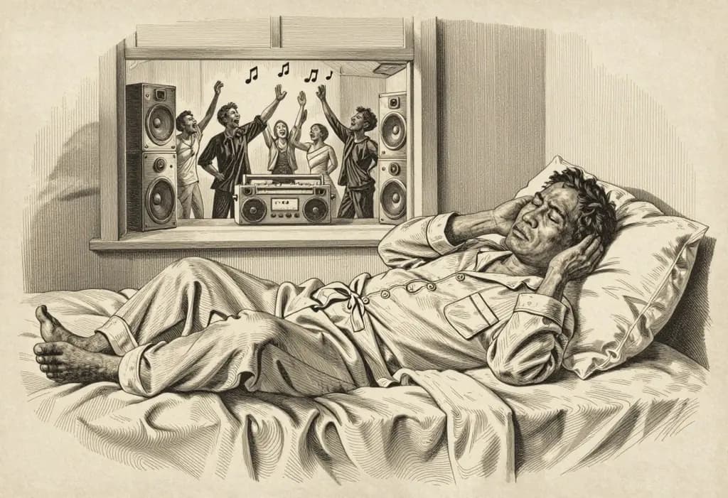 Line-art illustration: A tired Filipino man in pajamas lying awake in bed covering his ears with a pillow, through the window a neighbor's house with a karaoke machine, big speakers and people singing loudly at night with musical notes flying.