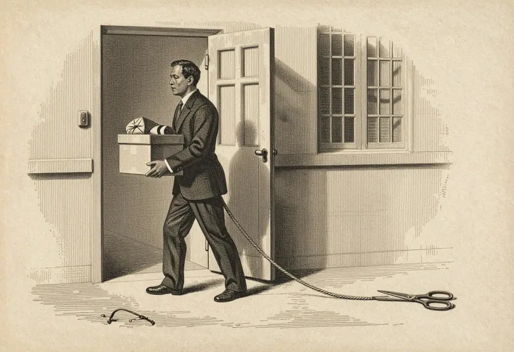 Line-art illustration: A Filipino professional stepping out of a company building holding a box of belongings, a long rope tied to his ankle leading back to the old company, a pair of scissors on the ground ready to cut the rope.