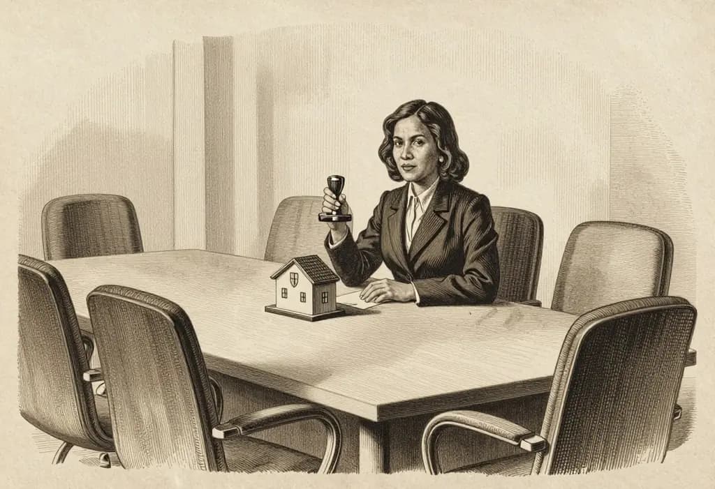 Line-art illustration: A confident Filipino entrepreneur sitting alone at the head of a long boardroom table with many empty chairs, holding a single corporate seal stamp, a small shield in front of her personal house model on the table.