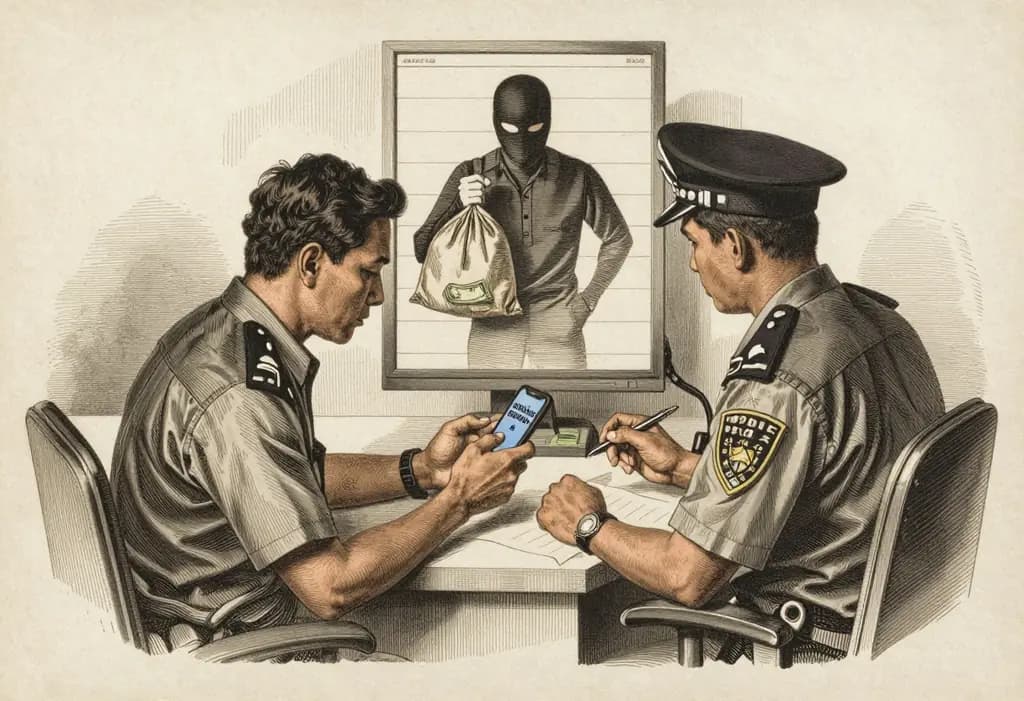 Line-art illustration: A Filipino man at a police cybercrime desk showing his smartphone to an officer, a masked shadowy scammer figure fleeing out of a phone screen in the background with a bag of money.