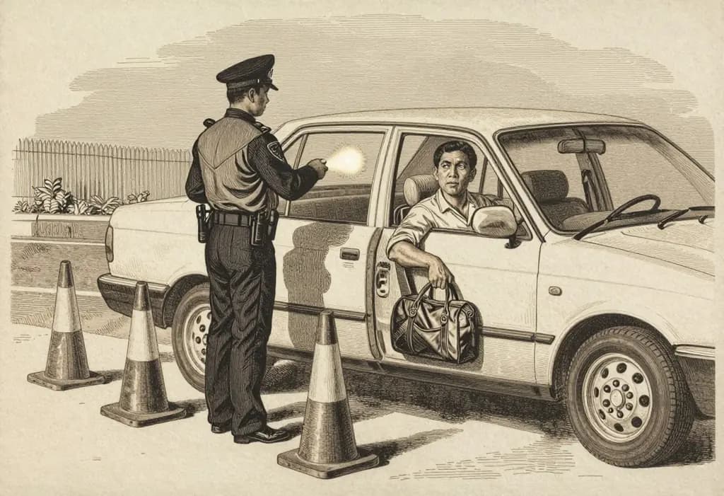 Line-art illustration: A Filipino driver seated calmly in a car at a nighttime roadside checkpoint with traffic cones, a police officer standing outside the closed car door shining a flashlight through the window glass, the doors and trunk shut, the driver's bag closed on the passenger seat.