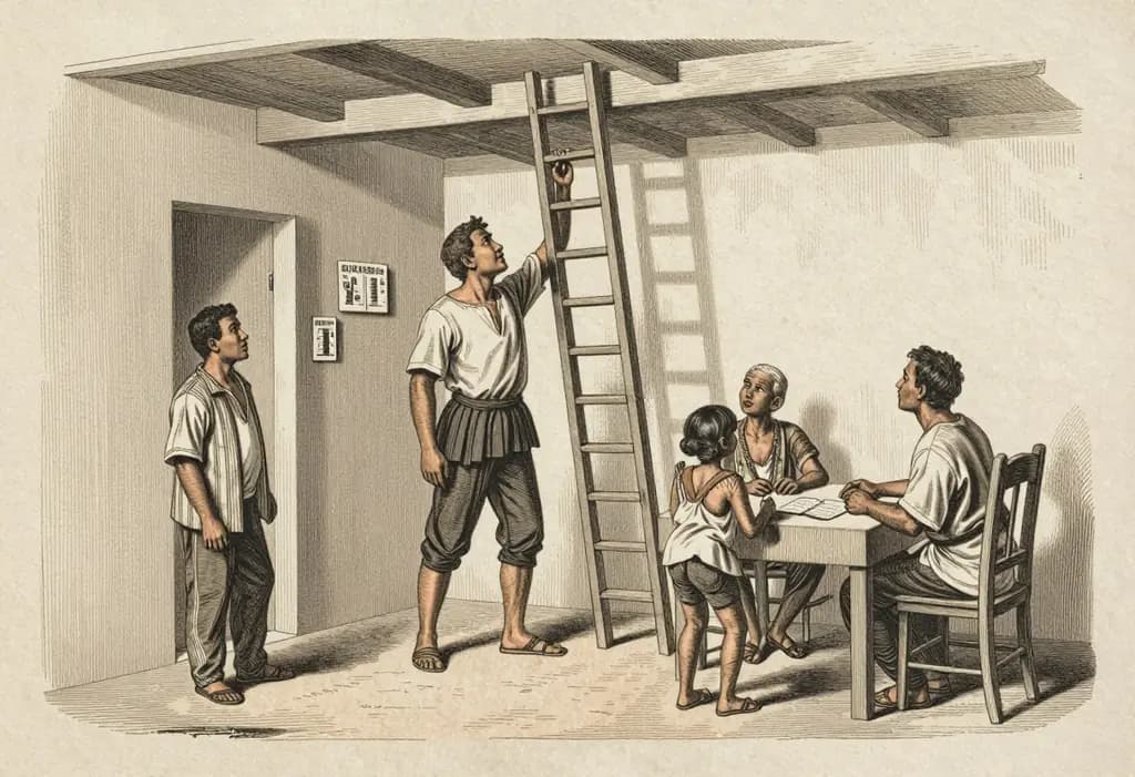 Line-art illustration: A Filipino tenant family inside a small apartment unit, the landlord raising a tall ladder toward the ceiling while a sturdy ceiling beam stops the ladder from going higher, a rent receipt on the table.