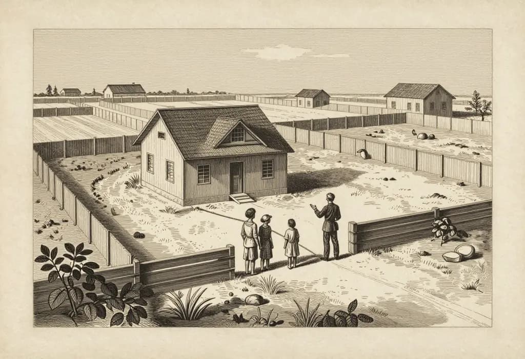 Line-art illustration: A small Filipino house on a lot surrounded on all sides by other fenced lots, a family standing at a wooden barrier that blocks their old footpath toward a paved road, a surveyor pointing to where a narrow path could run.