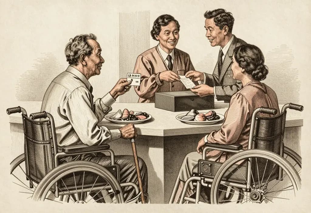 Line-art illustration: An elderly Filipino man with a cane and a woman in a wheelchair at a restaurant counter, both holding up small ID cards, the cashier nodding and handing back a receipt with a smile, plates of food on trays.