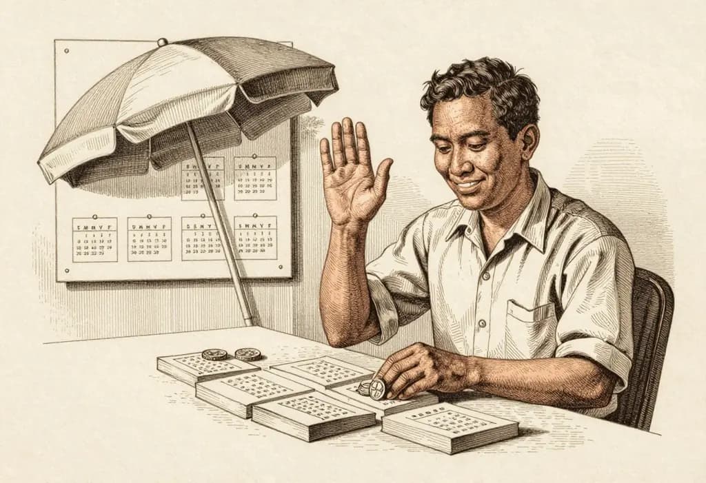 Line-art illustration: A Filipino employee at a desk turning five small calendar pages into five coins with a friendly wave, a beach umbrella poster on the wall.