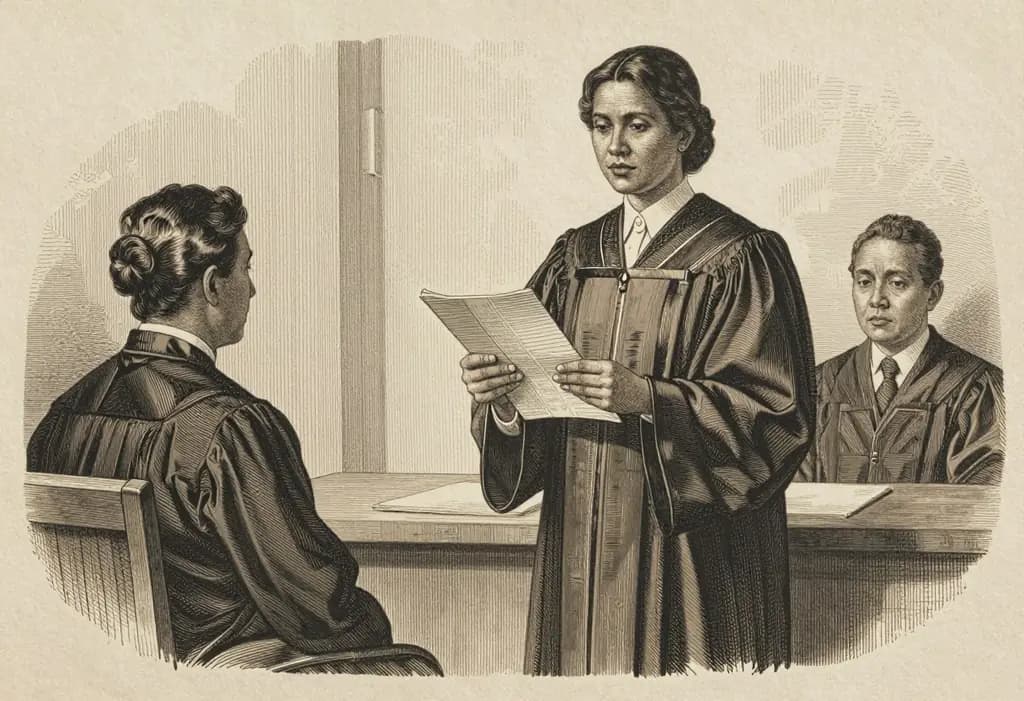 Line-art illustration: A Filipino woman standing confidently alone before a judge at a small courtroom table, no lawyers present, holding a single folder of receipts, the other party seated across looking down.