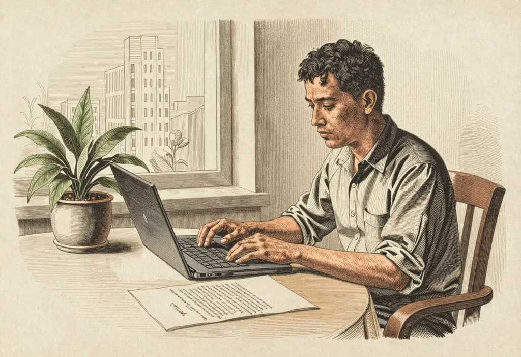 Line-art illustration: A Filipino employee working on a laptop at home at a dining table beside a window with a plant, a tall office building in the far distance outside the window, a signed agreement document on the table.