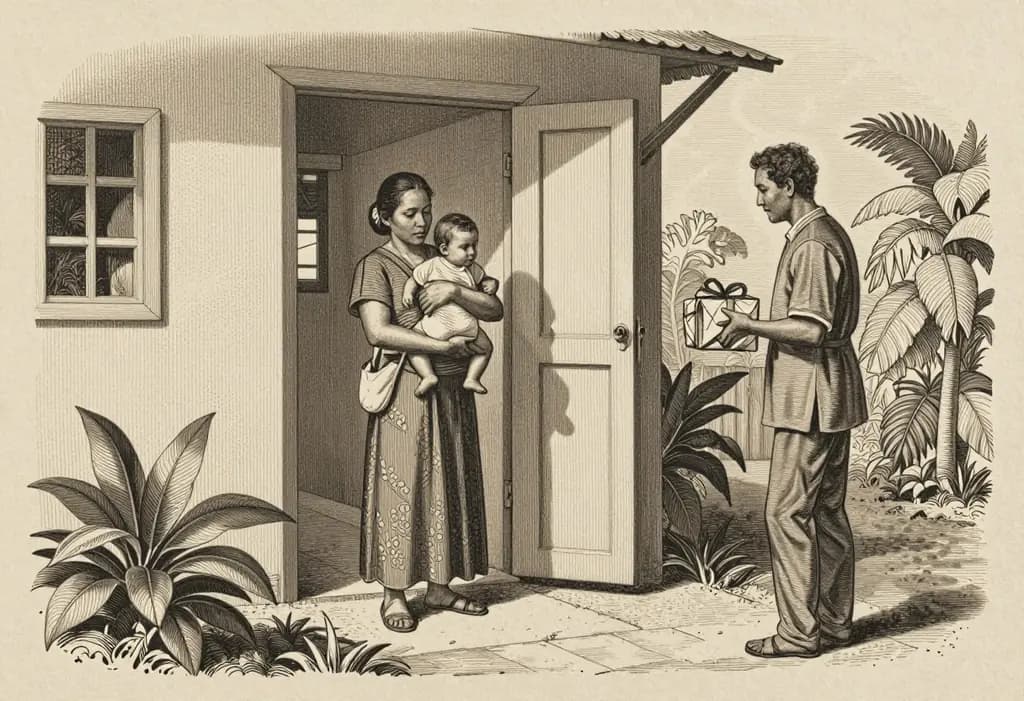 Line-art illustration: A Filipino mother holding a baby in the doorway of her house, a biological father standing on the garden path outside holding a small wrapped gift, tropical plants around the yard.