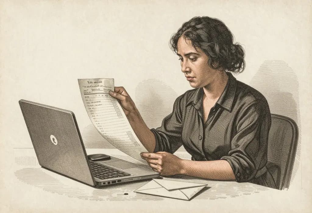 Line-art illustration: A Filipino freelance graphic designer at a laptop at home holding a long paper invoice, a client on a video call on the screen turning away, a letter envelope ready to send beside her.