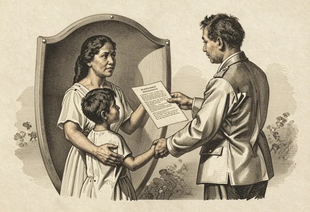 Line-art illustration: A Filipino mother holding her child's hand at a barangay hall where a barangay captain hands her an official paper, a protective shield arching over the mother and child.