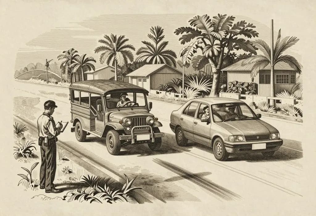 Line-art illustration: A two-lane provincial road in the Philippines, a jeepney stalled with its front partly over the center line, a car coming the other way close to it with long dark skid marks behind the car and its driver gripping the wheel, a traffic enforcer at the roadside writing in a notebook.