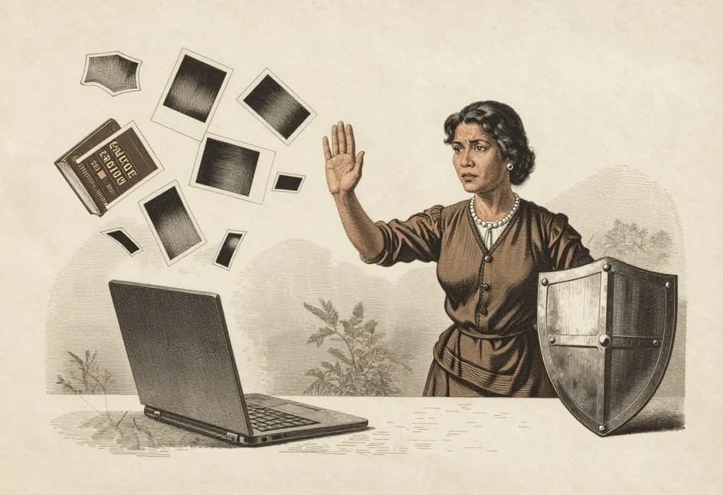 Line-art illustration: A Filipino woman standing in front of a large laptop screen raising her hand to stop scattered blank photo frames from flying out, a lawbook and a shield beside her, respectful and non-explicit.